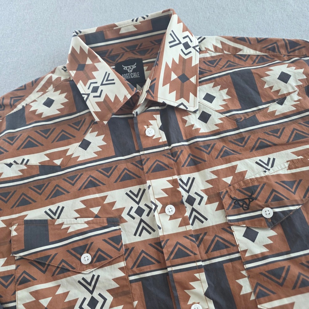 Lost Calf Mens Southwestern Geometric Print Western Button Up Shirt Medium